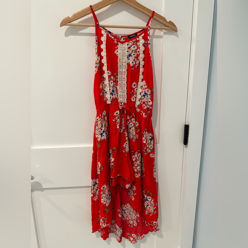 Zunie Red Floral Romper with Skirt Overlay Girls Size 12